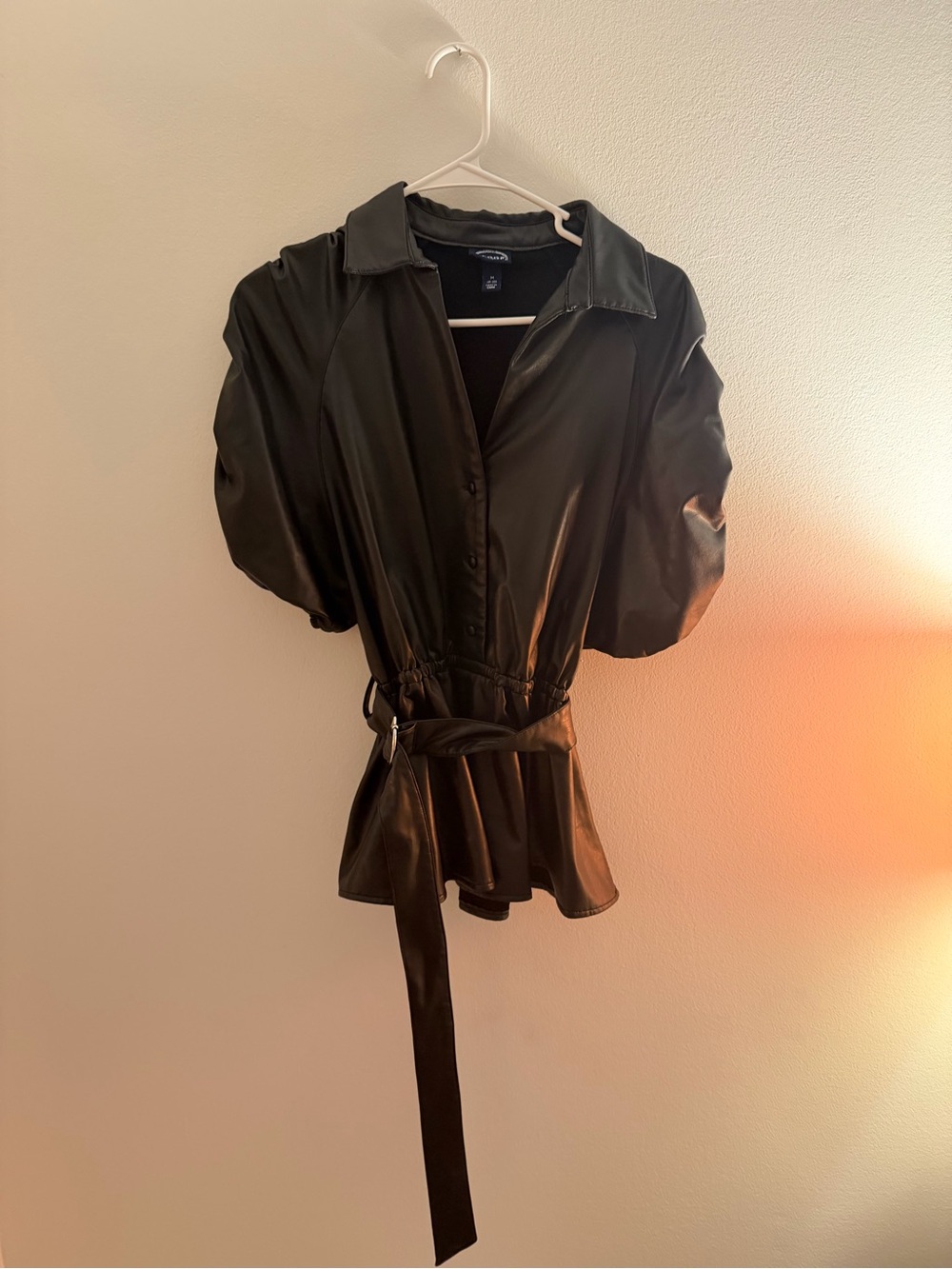 Black Faux Leather Puff-Sleeve Belted Peplum Fleece Lined Top Size M